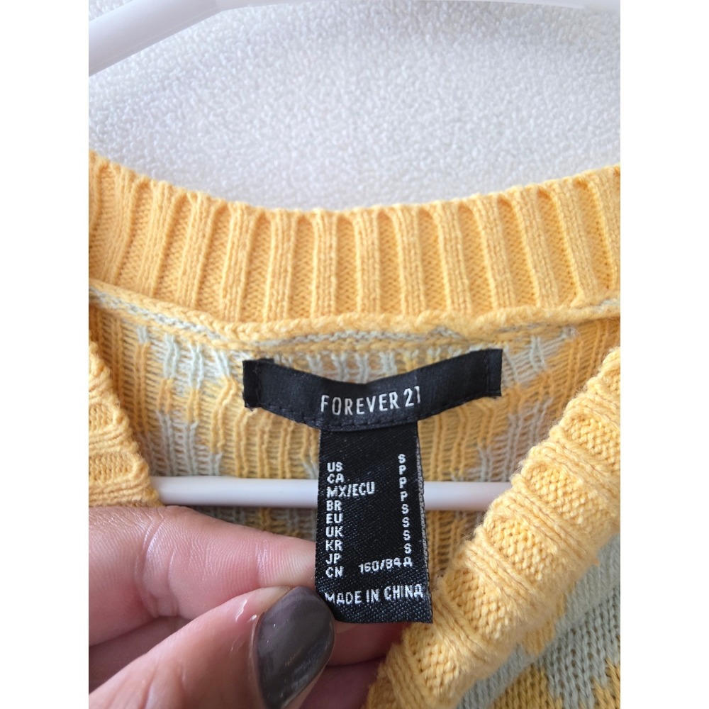 Forever 21 Womens Argyle Knit Short Sleeve Sweater Yellow Mint Green Small 0553 - Picture 2 of 8